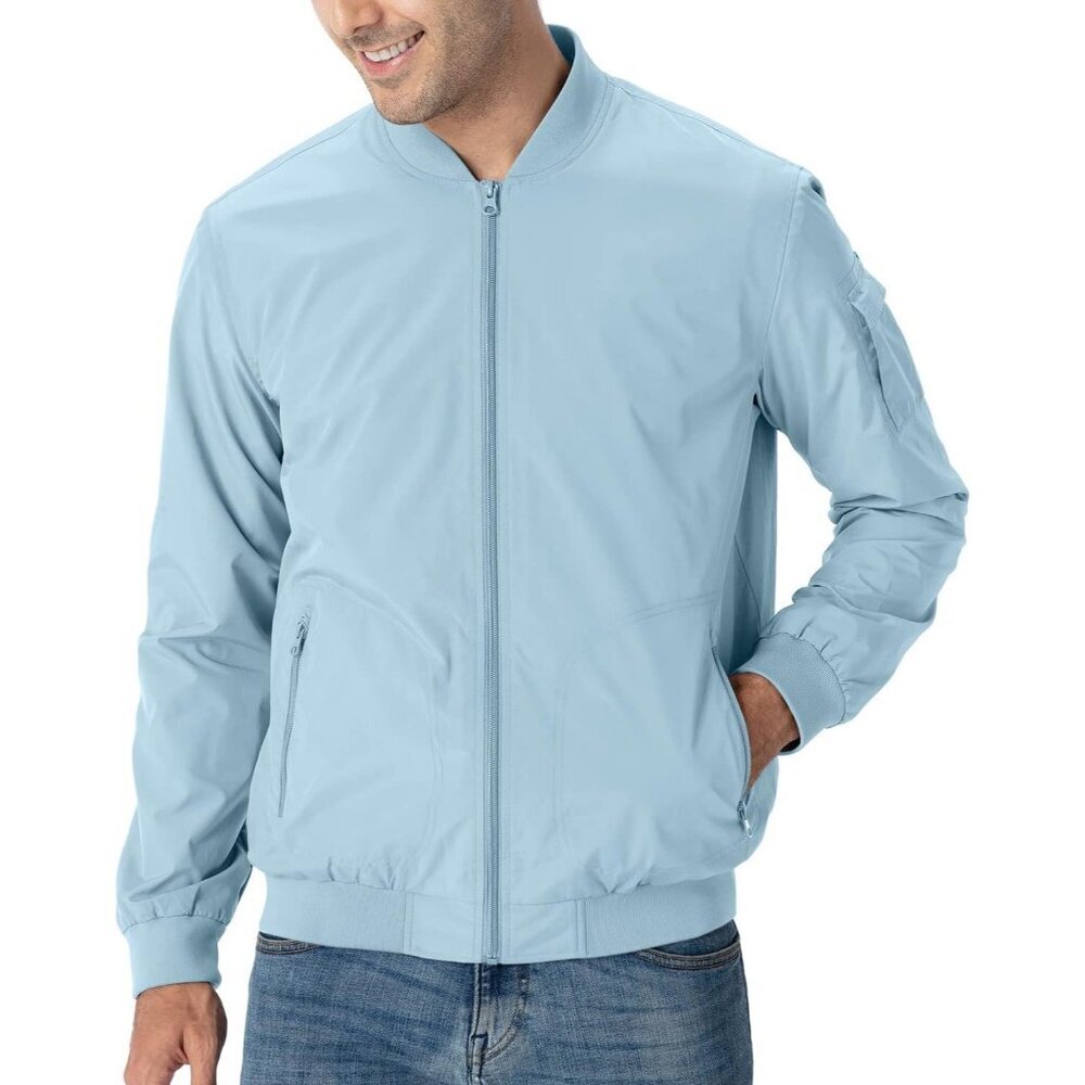 Men's Stylish Casual Lightweight  A1-Light Blue Golf Varsity Bomber Jackets - Picture 7 of 7